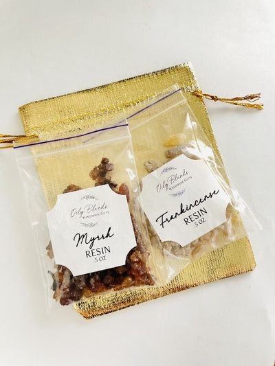 Twin Pack of Frankincense and Myrrh Resin in Gold Bag - Oily BlendsTwin Pack of Frankincense and Myrrh Resin in Gold Bag